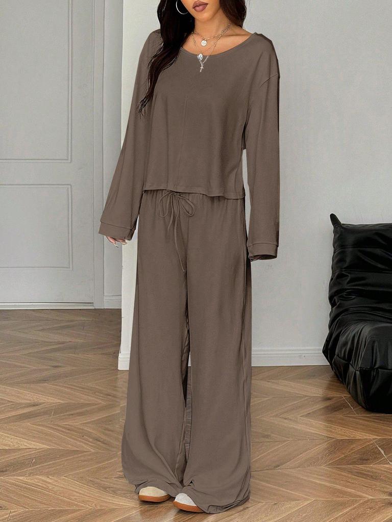 European & American Women's Solid Color Long Sleeve Top & Wide Leg Pants Two-Piece Casual Set - Spring Lazy Style