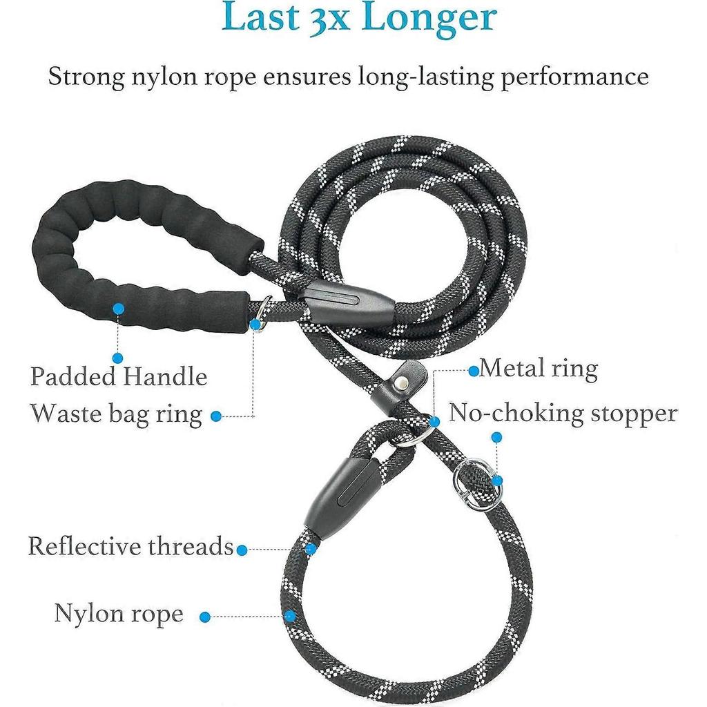 Durable Slip Lead Dog Leash with Padded Handle and Highly Reflective Threads, No Pull Dog Training Leash, (1/2" x 6 FT, Black)