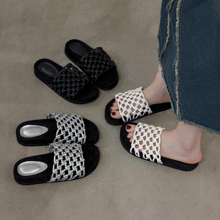 Summer hand-woven fishing net hollow breathable thick-soled beach shoes women's casual round toe cool slippers