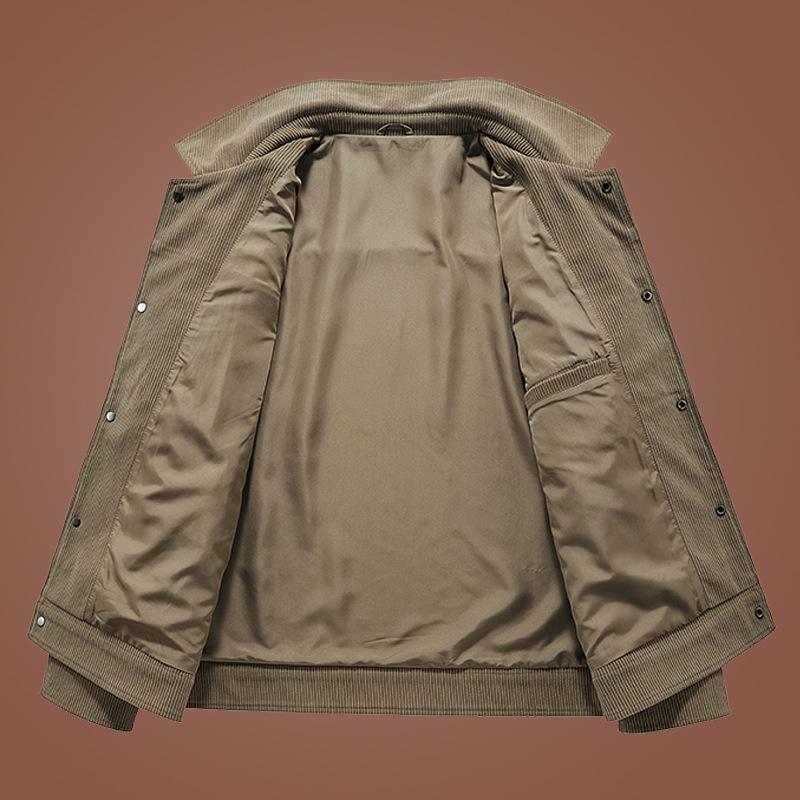 Men's Corduroy Striped Workwear Jacket with Pockets, Retro Lapel, Long-Sleeve.