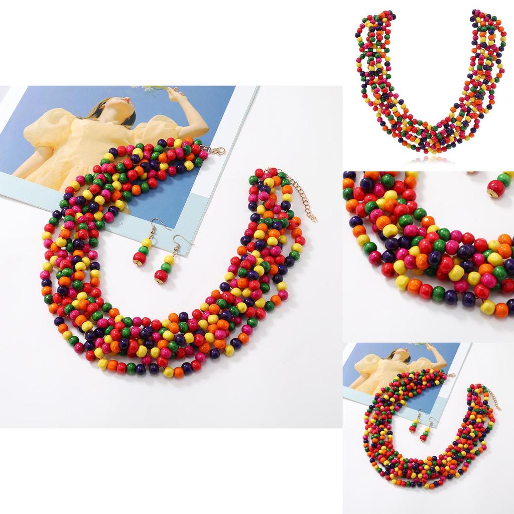 Africaninspired Wooden Bead Necklace And Earrings With Tassel For Summer Outings