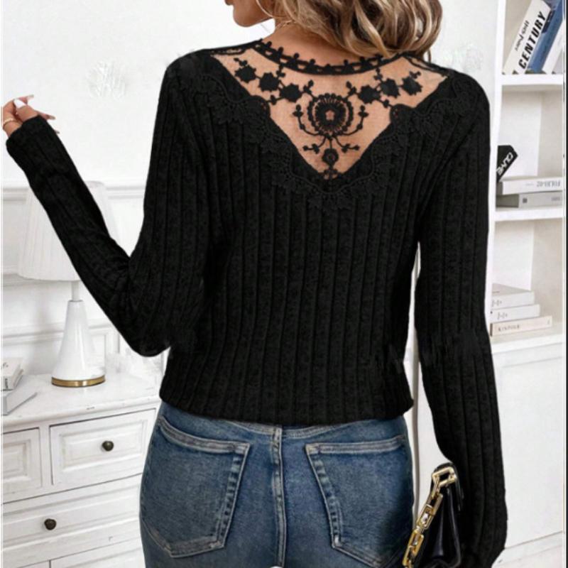 Women Comfortable Casual Fashion Shirt Summer New Solid Color Lace Splicing Hollow Long-sleeved T-shirt