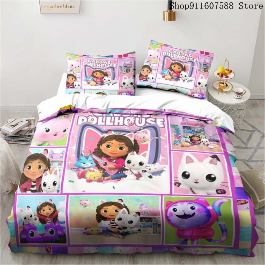 Gabby's Dollhouse Bedding Set Kawaii Bed Linen Set Single Double Size Home Decor For Girls Kids Cartoon Cute Cat Duvet Cover Set