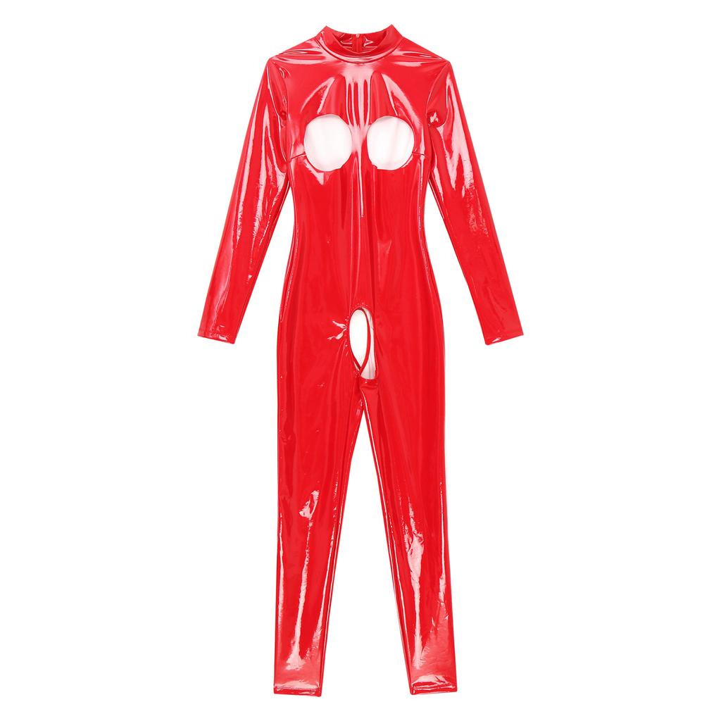 Dámská sexy metalická latexová kožená trikotová kombinéza s dlouhým rukávem, spodní prádlo, skinny