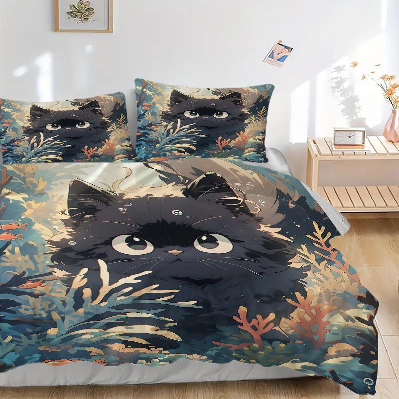 3pcs Temperamental Black Cat Bedding Set - Includes Quilt Cover and Pillowcases, Suitable for All Seasons, Machine Washable - Ideal Gift for