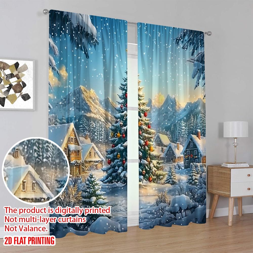 2pcs 2D Flat Printing Merry Christmas Curtain Snow Mountain_ Evergreen Tree_ Golden Star-Winter Lodge Polyester Without