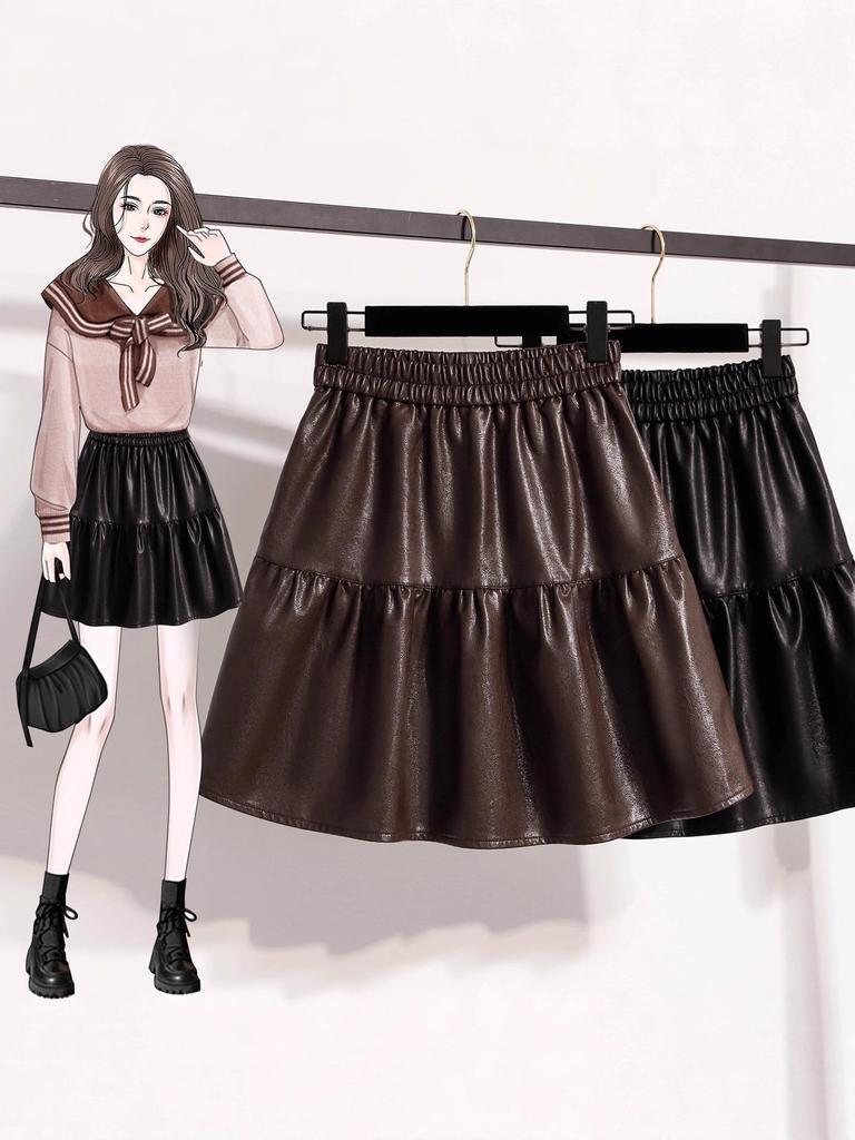 Plus Size High-Waisted PU Leather A-Line Layered Mini Skirt Pants for Spring/Autumn - Fluffy, Anti-Exposure, Slimming