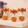 Cute Pumpkin Decor Halloween Ghost Figurine, Sitting on Holding Candy Waterproof Sculpture Craft Statue, Spooky Resin Table Ornament for Indoor Mantle