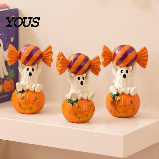 Cute Pumpkin Decor Halloween Ghost Figurine, Sitting on Holding Candy Waterproof Sculpture Craft Statue, Spooky Resin Table Ornament for Indoor Mantle