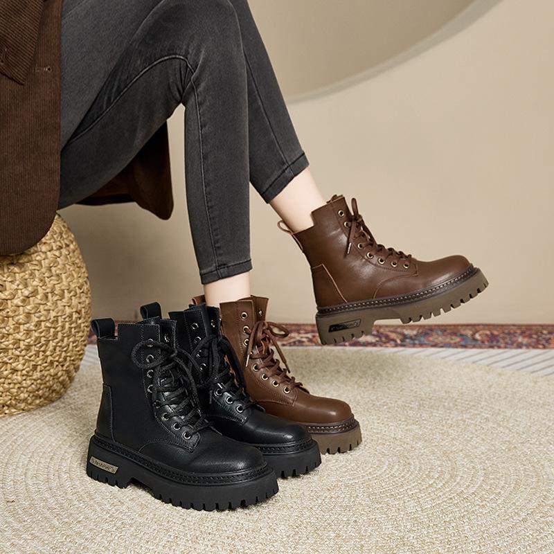 Women's Boots Martin Boots 2025 Autumn and Winter New Platform Zipper Lace-up Black Classic Short Boots Women's 2025 Velvet