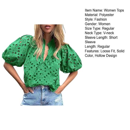 Women Tops V-Neck Puff Short Sleeves Hollow Out Crochet Shirt Solid Color Loose Fit Blouse Outdoor Leisure Wear