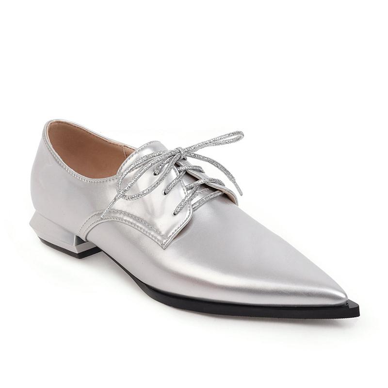 

Модные женские туфли на плоской подошве с острым носком, женские сексуальные туфли-оксфорды со шнуровкой и острым носком для женщин, весенняя обувь, большой размер 39 серебряный