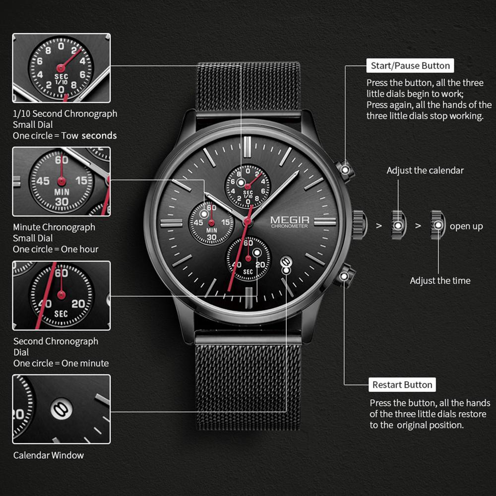 Megir Men Watches Mesh Stainless Steel Quartz Chronograph Watch Clock Relogio Masculino for Male Students Relogios