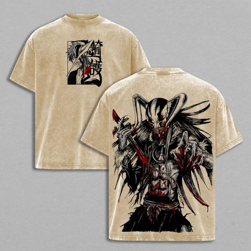 Vintage gewaschenes Kurosaki Ichigo Print T-Shirt Anime BLEACH Kleidung Unisex Baumwoll-T-Shirts T-Shirt Lässige Mode Herren Locker sitzende Oberteile