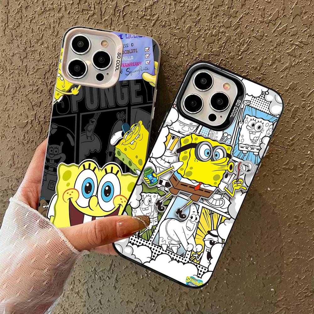 Cartoon Niedlich S-SpongeBob Anime Handyhülle Für IPhone 17 16 15 14 11 12 13 Pro Max Pro Plus Farbige Silberne Hülle