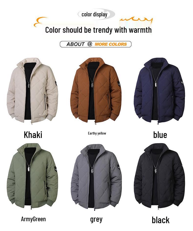 Men's 2025 Cross-border Diamond Plaid Stand Collar Jacket - Autumn/Winter Warm, Velvet-Lined Cotton Coat