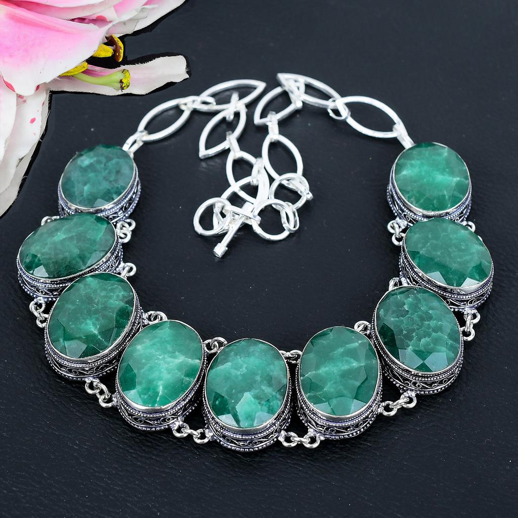 Green Jade Gemstone Handmade 925 Sterling Silver Jewelry Necklace 18" KG-1643