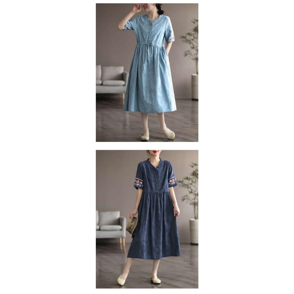2025 Summer Washed Cotton Dress - Embroidered Midi Dress with Drawstring, Slim Fit Short Sleeve Linen Blend Dress, Boho Chic Casual Women's Outfit