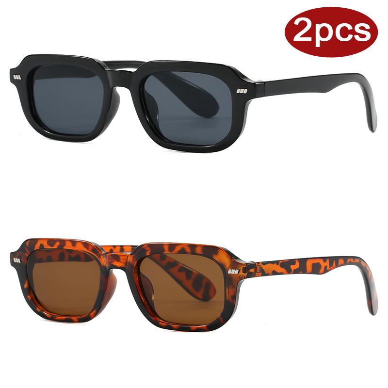 2Pcs Fashion Small Frame Rectangle Sunglasses High-Quality Simple Style Sun Glasses Vintage Men Women Rivet Eyeglass Uv400