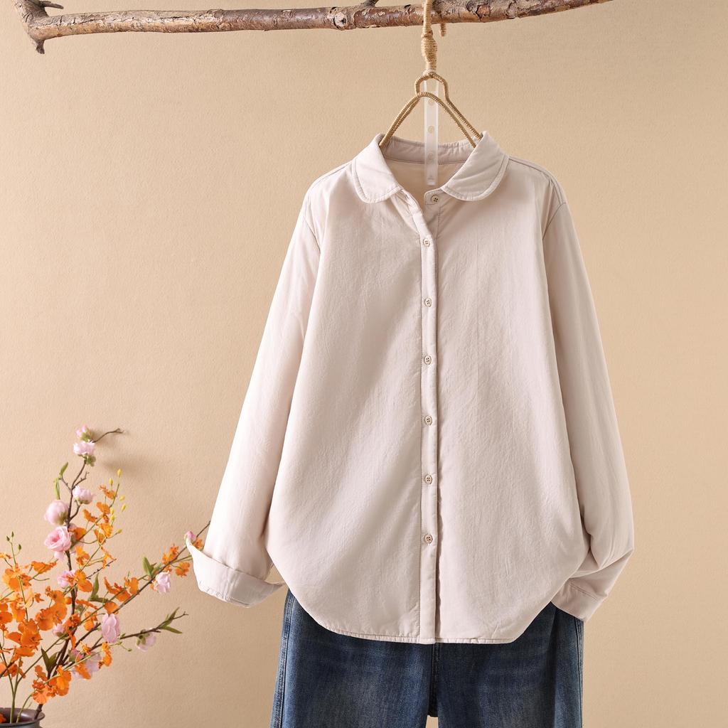 Women's Quilted Thickened Winter Shirt with Yuanbao Collar - High-Quality Pure Cotton, Japanese Style