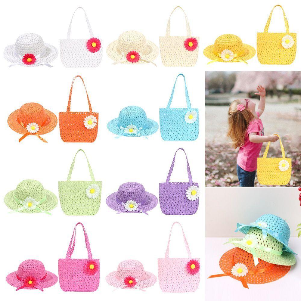 2Pcs/Set Flower Design Straw Hat Beach Bag Set Wide Brim Sun-protective Hat  Kids Summer Holiday
