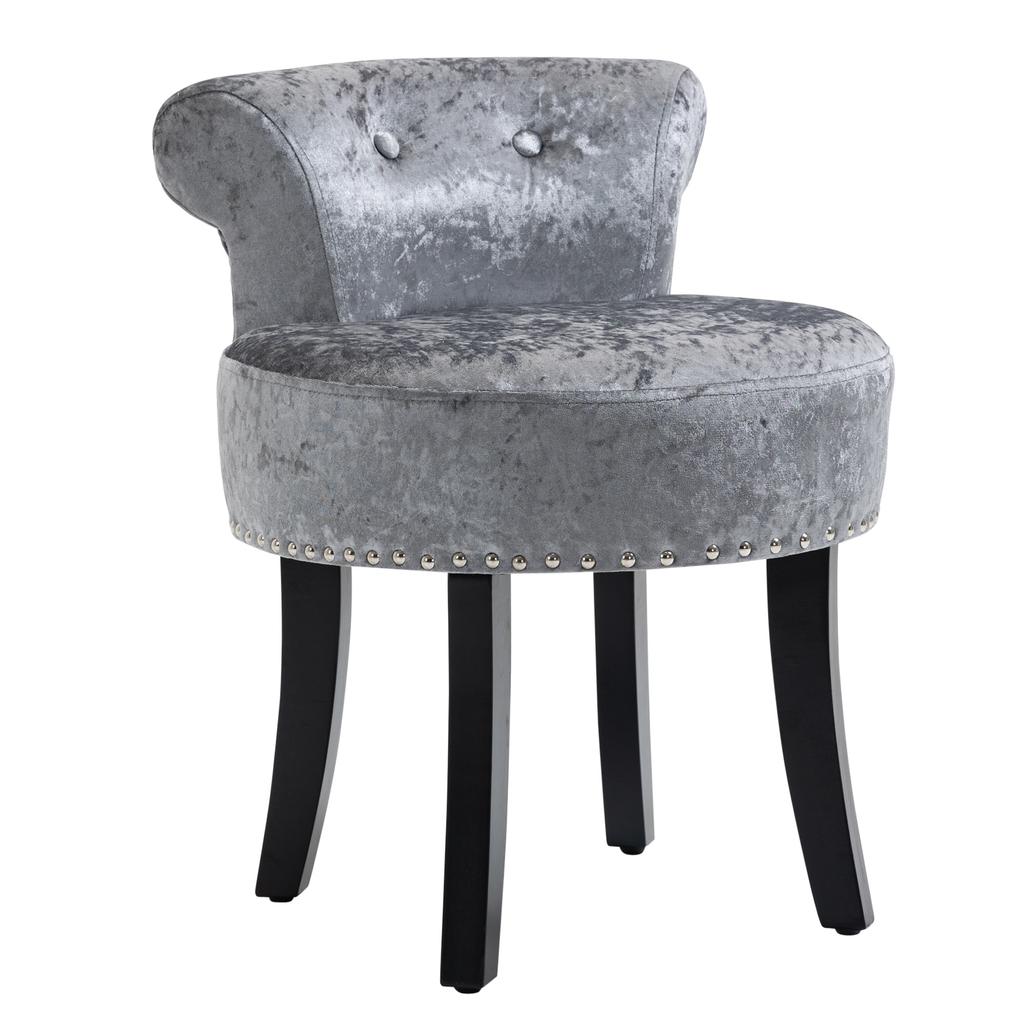 Dressing Table Stool with Rubber Wood Legs, Ice Velvet Vanity Stool for Living Room Bedroom, Grey