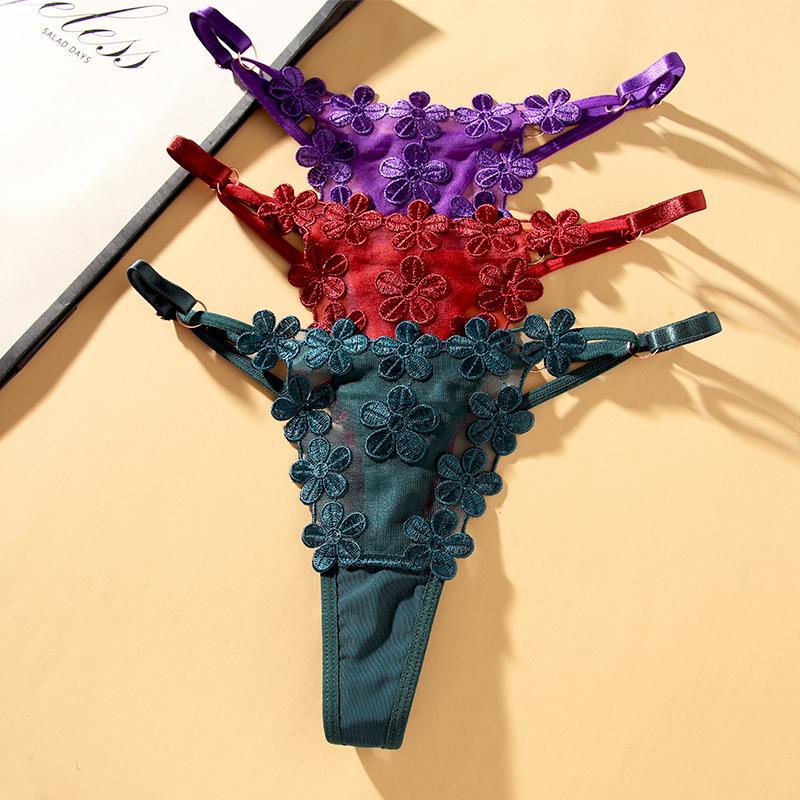 Plus Size Floral Embroidered Thong with Metal Buckle & Adjustable Straps