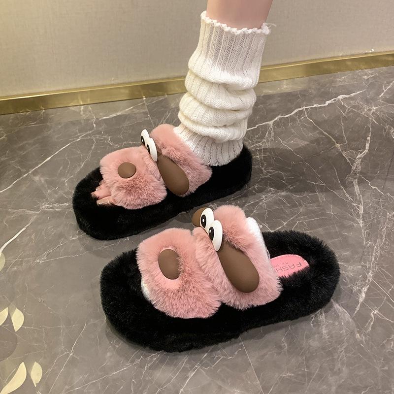 Cartoon niedlich Mode Explosion Welpe flauschige Hausschuhe Damen 2025 Herbst und Winter neu dicker Boden erhöhend thermische Baumwolle Mop