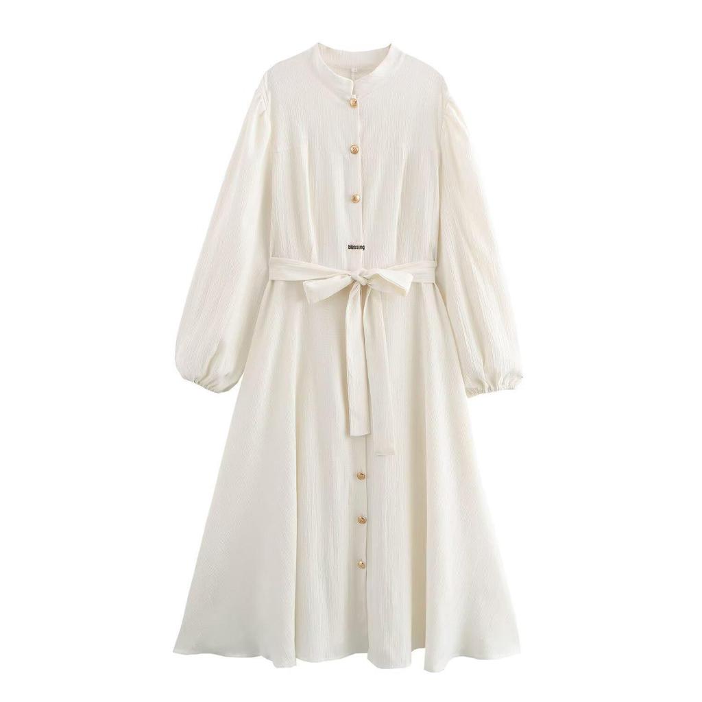 2025 Spring Women's European & American Style Plus Size Fashion Dress with Stand-Up Collar & Waist-Hugging Design