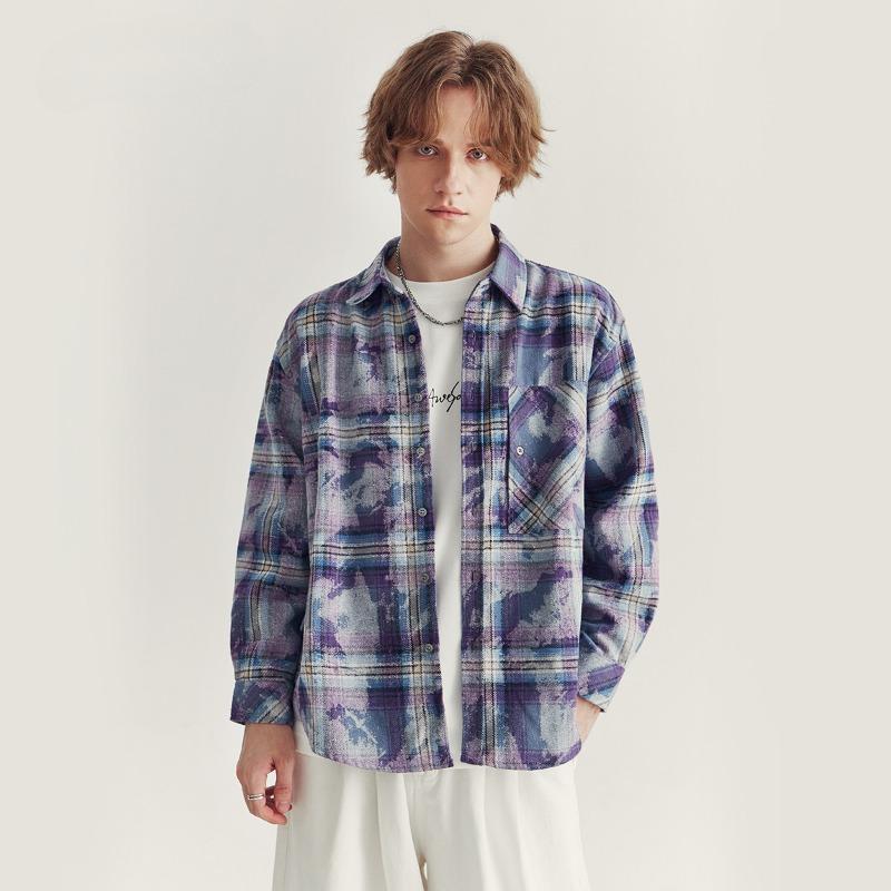 

Весна и осень новый мужской свободный кардиган с лацканами и длинным рукавом клетчатая рубашка 2XL фиолетовый