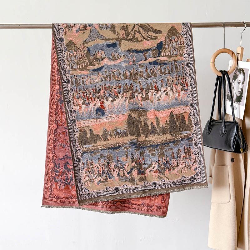 Dunhuang Oil Painting Autumn and Winter Thickened Scarf Travel Outside Shawl Windproof and Cold Jacquard High-end Scarf Shawl Neck Protection
