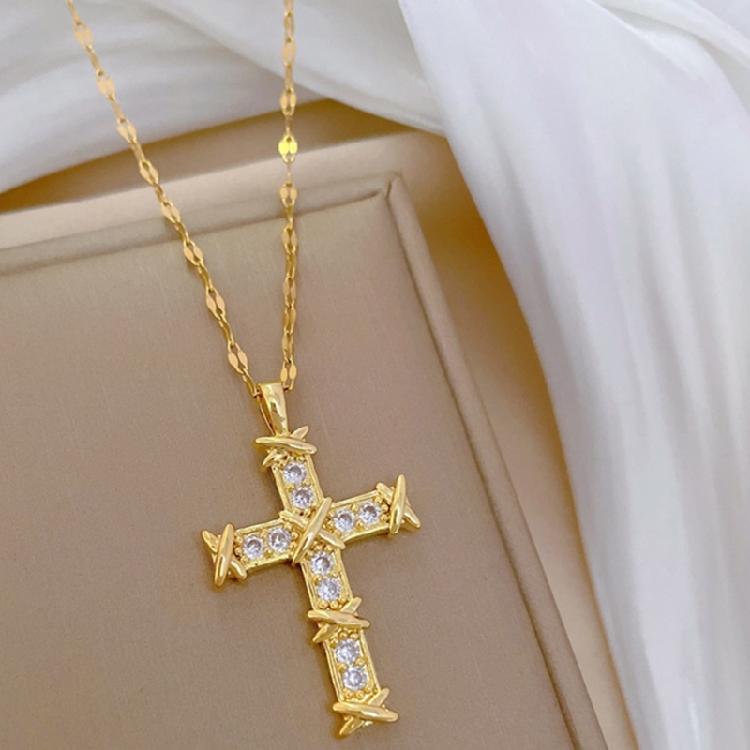Contemporary Crucifix Shaped Necklace Crystal Embellishments Hypoallergenically Titanium Alloy Jewelry Gift