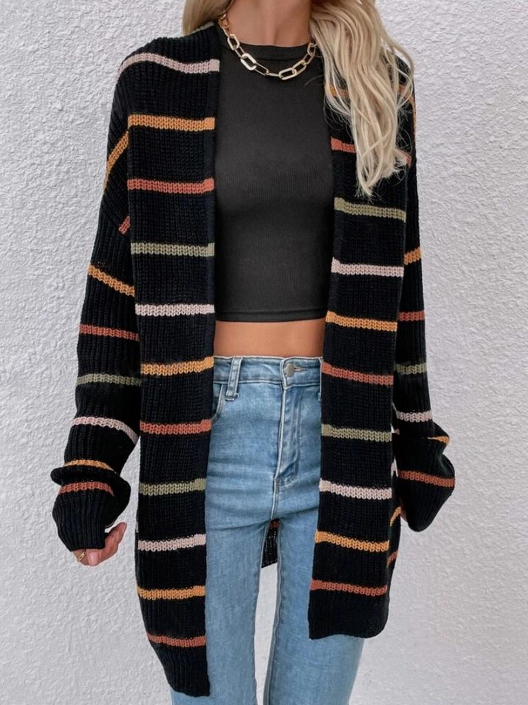 Over Size Striped Long Sleeve Cardigan Coat for Women Autumn Winter Casual Workwear