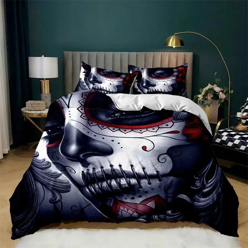 Skul Soft Duvet Cover Set Horible Skeleton Beding Set Bedclothes Halowen Gothic Hor Polyester Comfortable Quilt Cover Double Quen King