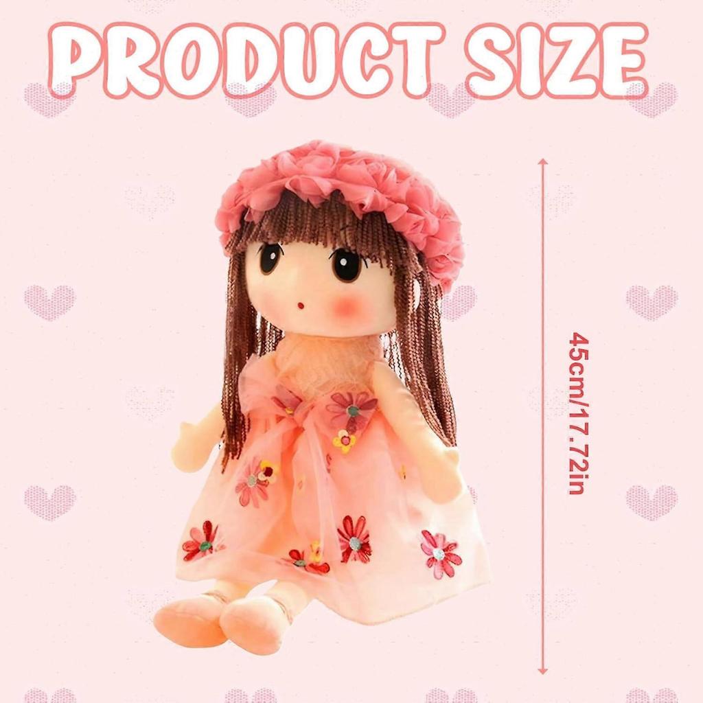 Cute and realistic fabric doll for girls, 18inch plush doll with floral dress, hat, shoes, and long hair.
