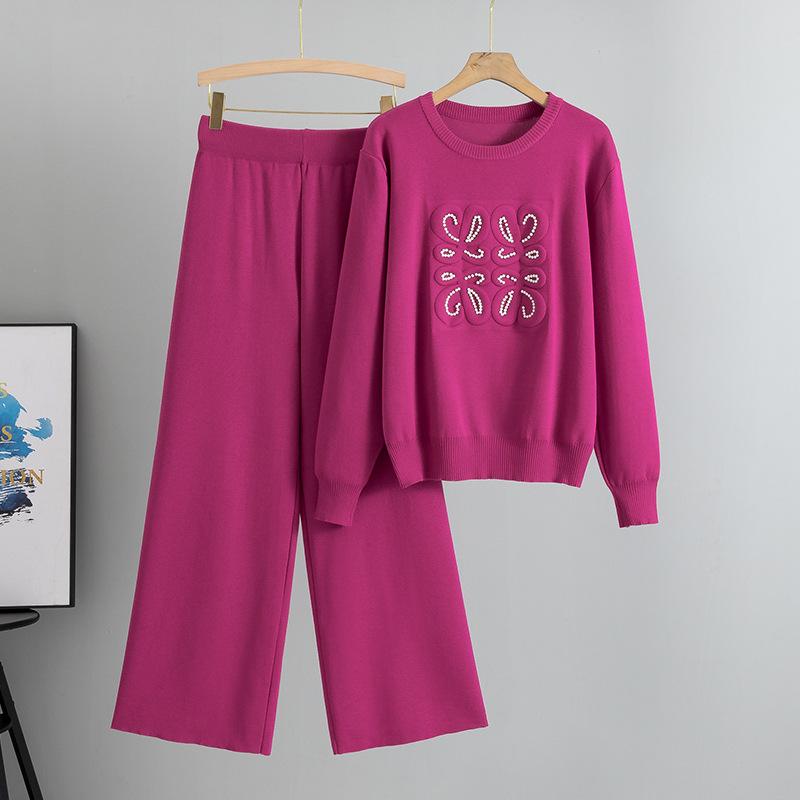 

Плюс Размер Женский Новый Осенний Вязаный Свитер Широкие Брюки Мода Простой Темперамент Двухсекционный Костюм One size розы красного