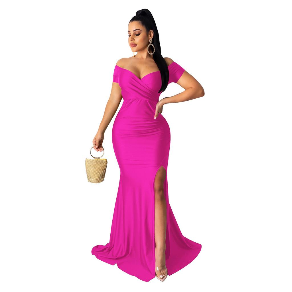 AL243 European and American Women's Sexy V-neck Evening Dress - High Slit, Solid Color, Short Sleeve for Spring/Summer