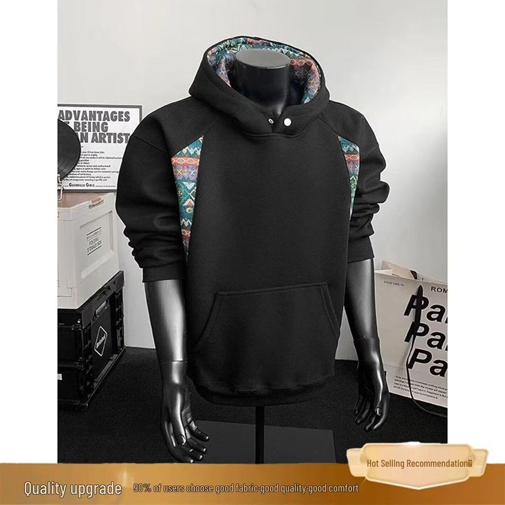 Men's Autumn Patchwork Hoodie: Chinese Ethnic Style, High Collar, Long Sleeve
