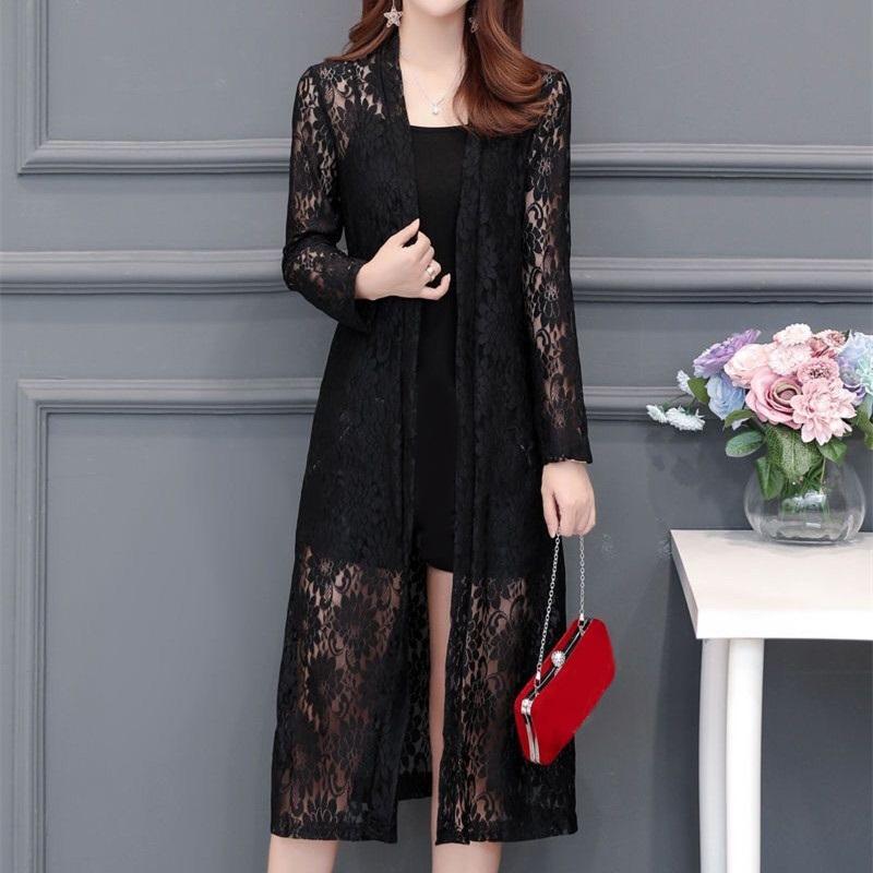 Cárdigan de encaje para mujer de longitud media, chal de malla de verano, holgado, hasta la rodilla, ropa de protección solar, chaqueta para mujer, camisa, prenda de abrigo