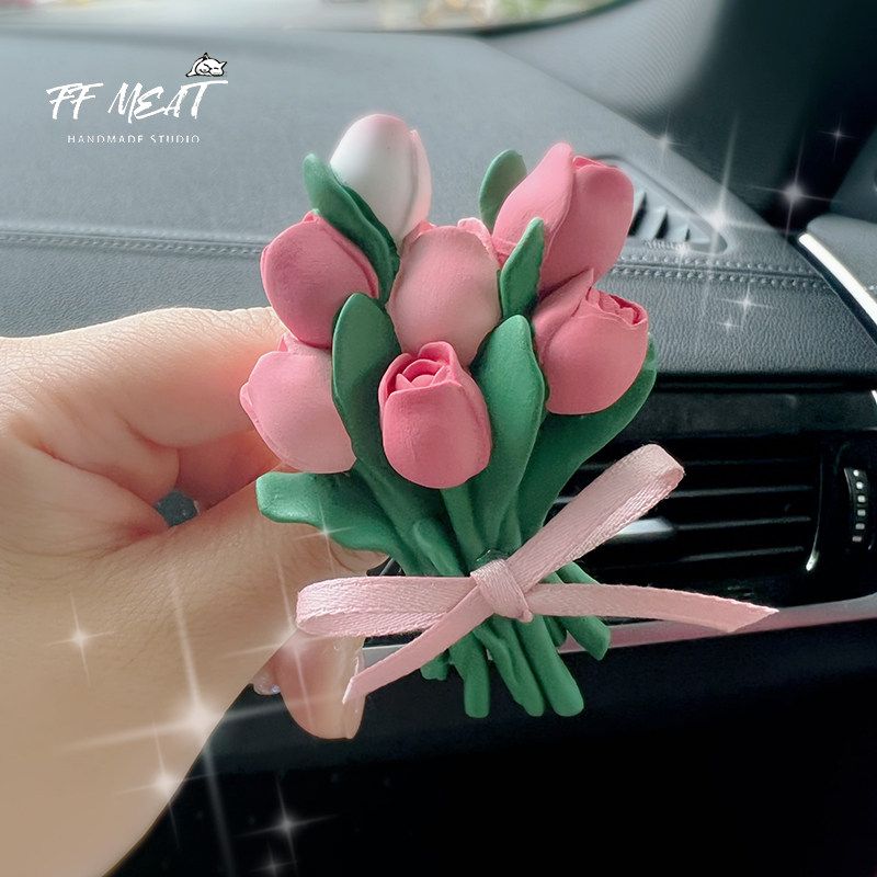 Car Air Freshener Pink Tulip Car Air Conditioning Vent Dashboard Decoration Aroma Diffuser Stone Goddess Gift