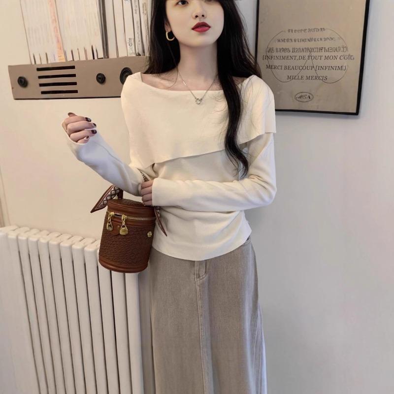 Irregular one-word shoulder sweater women's spring slim-fit babes top chic knitted bottoming shirt