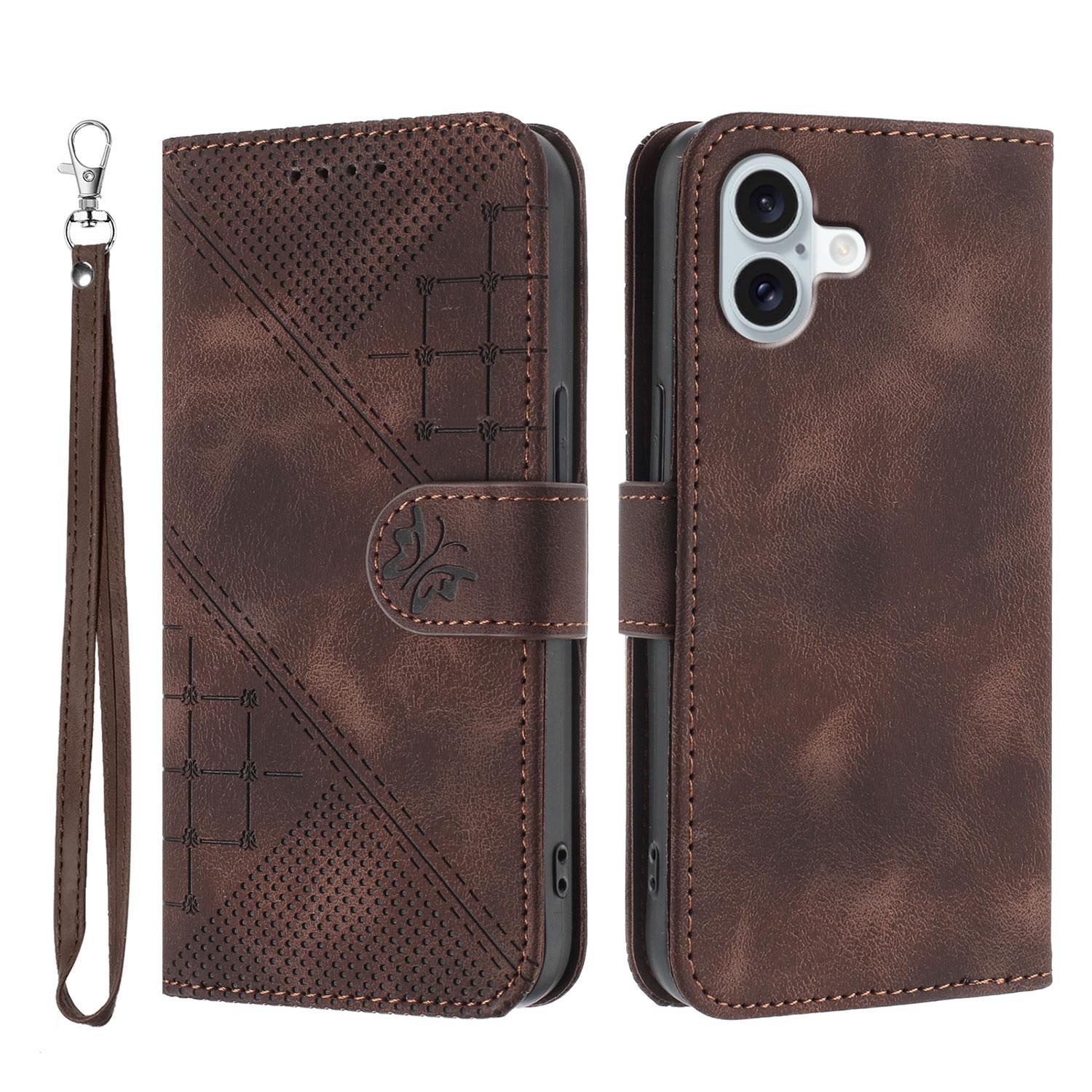 

For iPhone 16 Plus Leather Wallet Case Butterfly Flower Imprinted Phone Cover with Strap Coffee