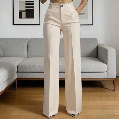 Women Suit Pants Button Zipper Closure High Waist Long Trousers with Pockets Solid Color Straight Wide Leg Dress Pants Commuting Workwear
