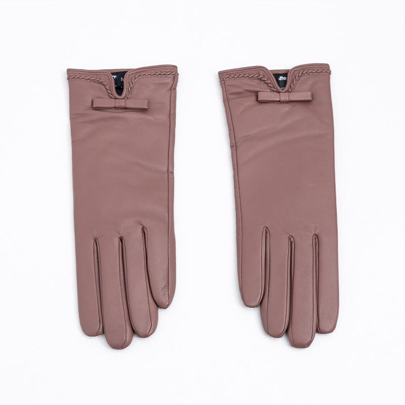 Ladies' Genuine Leather Warm Gloves Flesh Colored Fashionable Commuting Bow Button Style Clothing Matching