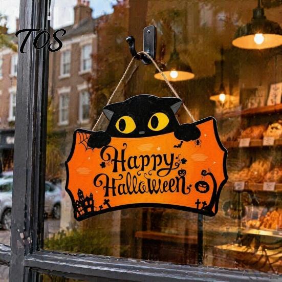Black Cat Wall Decor Halloween Wooden Door Hanging Plaque, Printed Pumpkin Castle Spider Web Front Ornaments Sign, Waterproof Ornament for Indoor
