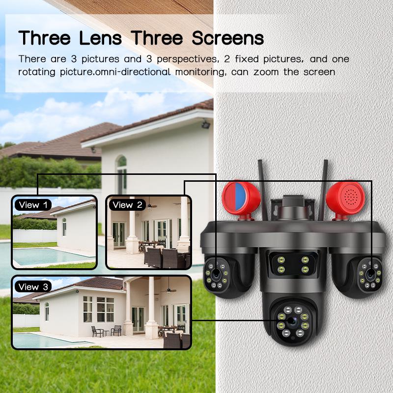 

4G 3-Lens 6MP Wireless Night Vision HD Outdoor Surveillance Camera WiFi Black [6MP US Standard]
