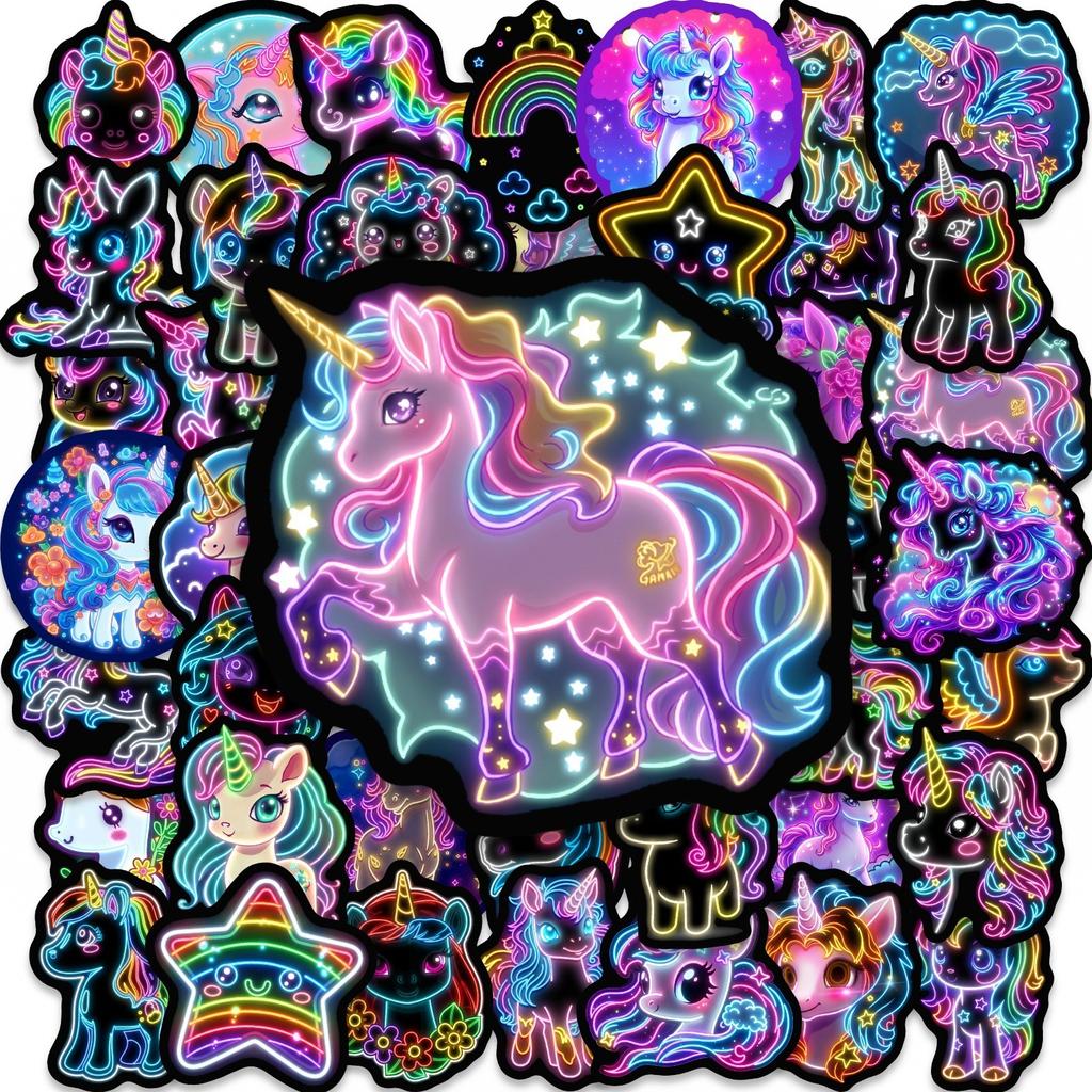 50/100 Pcs Neon Rainbow Horse HD Stickers, Waterproof Self-Adhesive, for Suitcase Notebook Phone Helmet Skate Scrapbook Decals