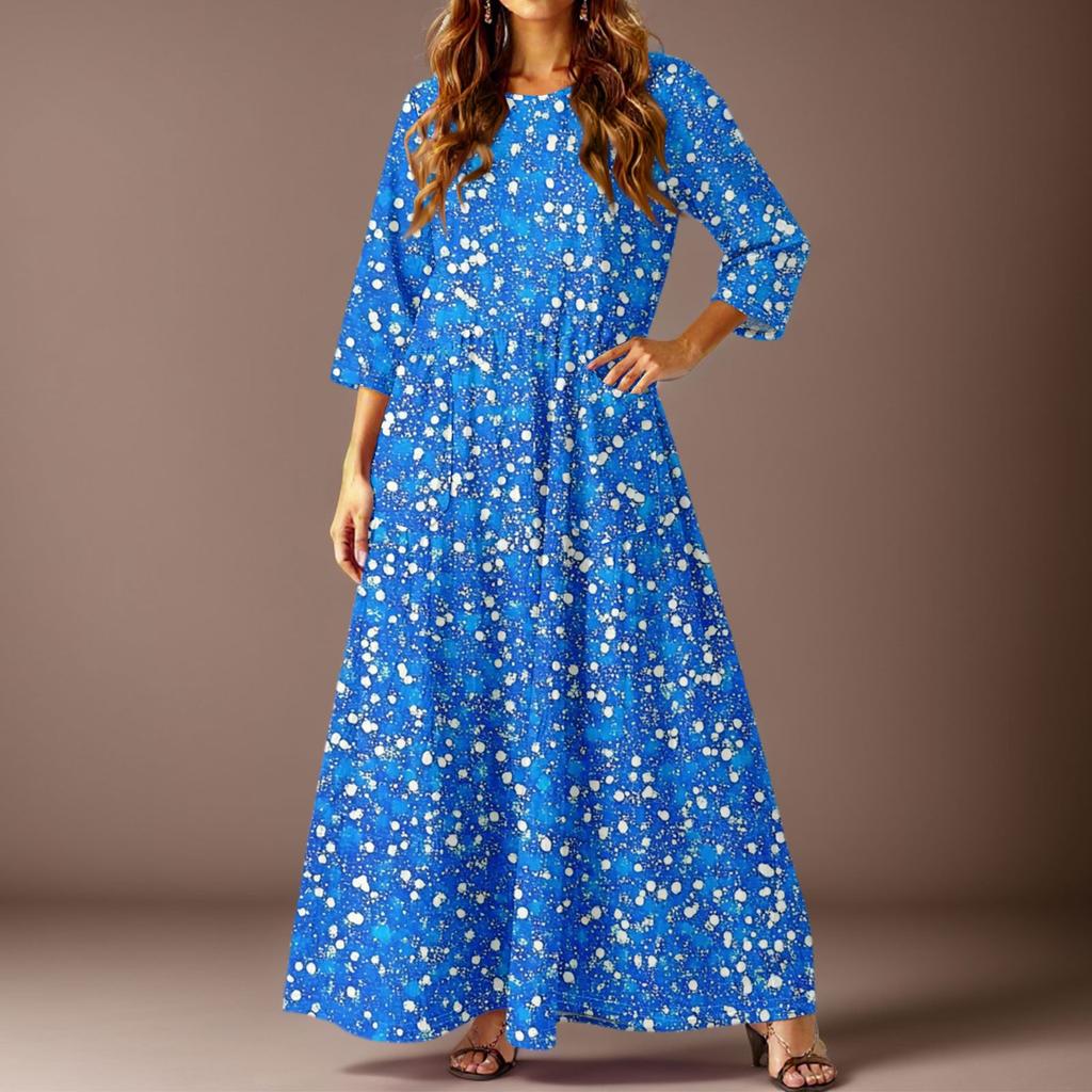Women's Casual Fashion Floral Print Three-quarter Sleeve Long Dress With Pockets