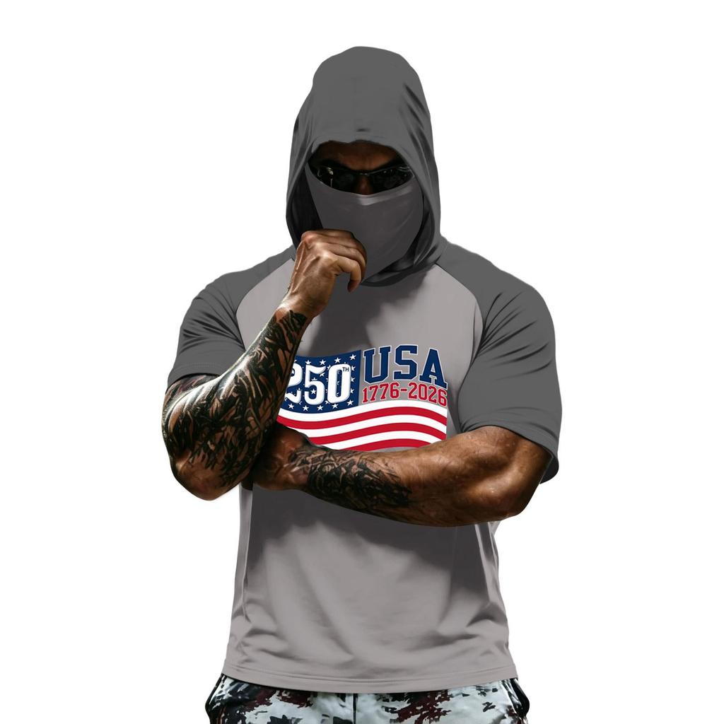 Men's Summer Camouflage Gradient Drying Short-sleeved T-shirt, Sun Clothing, Fishing, Fitness, Sports, Hooded Short-sleeved Shirt