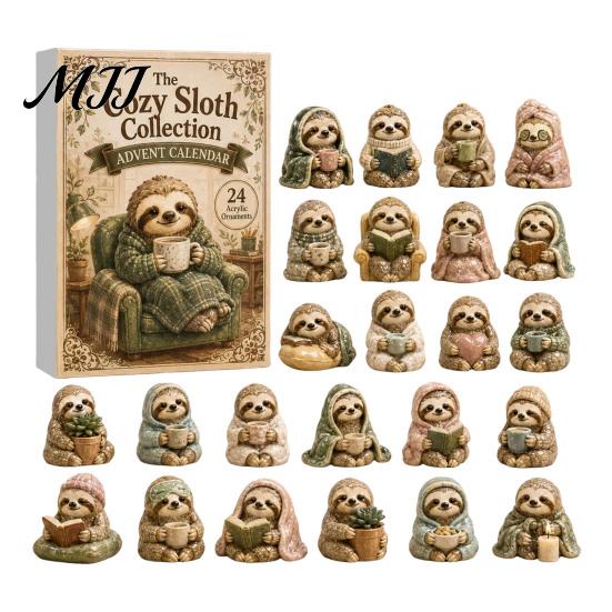 Cute Sloth Pendant Set Advent Calendar, 24Pcs Acrylic 2D Ornament Holiday Collectibles with Vintage Warm-Tone Designs, Christmas Tree Hanging